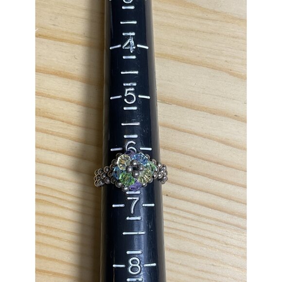 Beaded Crystal Flower Ring With Silver Bead Accents Multicolor - Picture 2 of 3